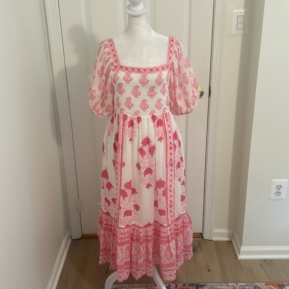 Tuckernuck Oliphant Puff Sleeve Midi Dress in Jaipur Pink & White NWT Size XS - Picture 7 of 14